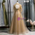 Champagne Tulle Short Sleeve Appliques Beading Prom Dress