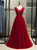 Burgundy Tulle Beading Pleats V-neck Prom Dress