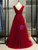 Burgundy Tulle Beading Pleats V-neck Prom Dress