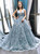 Gray Blue Tulle V-neck Appliques Pearls Prom Dress