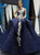 Navy Blue Ball Gown Lace Apliques Backless Prom Dress