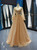 Gold Tulle Sequins Long Sleeve Appliques Beading Prom Dress