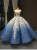 Blue Ball Gown Appliques Scoop Cap Sleeve Prom Dress