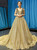 Gold Sequins V-neck Backless Pleats Prom Dress
