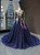 Navy Blue Tulle Gold Appliques Beading Prom Dress