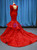 Red Mermaid Lace Long Sleeve High Neck Prom  Dress