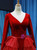 Burgundy Velvet Tulle Long Sleeve V-neck Prom Dress