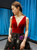 Black Tulle Burgundy Velvet Embroidery V-neck Prom Dress