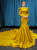 Yellow Mermaid Satin Long Sleeve Prom Dress With Train