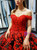 Red Black Ball Gown Satin Appliques Pearls Prom Dress