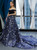 Navy Blue Tulle Velvet Sequins Off the Shoulder Prom Dress