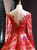 Red Tulle Appliques Pearls Long Sleeve Prom Dress