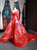 Red Tulle Appliques Pearls Long Sleeve Prom Dress