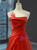 A-Line Red Satin Pleats Beaading Prom Dress