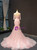 Pink Mermaid Tulle Backless Short Sleeve Beading Prom Dress