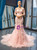 Pink Mermaid Tulle Backless Short Sleeve Beading Prom Dress
