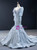 Silver Gray Mermaid Sequins Long Sleeve Feather Beading Prom Dress