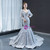 Silver Gray Mermaid Sequins Long Sleeve Feather Beading Prom Dress