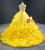 Yellow Ball Gown Tulle Strapless Beading Crystal Prom Dress