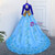 Blue Satin Appliques Long Sleeve High Neck Quinceanera Dress