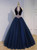 Navy Blue Tulle V-neck Pearls Quinceanera Dress