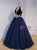 Navy Blue Tulle V-neck Pearls Quinceanera Dress