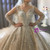 Champagne Sequins Pearls Long Sleeve Backless Wedding Dress