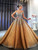 Gold Tulle Crystal Beading Cap Sleeve Wedding Dress