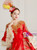 Red Satin Gold Appliques Long Sleeve Masquerade Dress