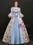 Blue Satin Print Short Sleeve Victorian Dress