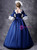 Blue Satin White Appliques Short Sleeve Victorian Dress