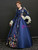 Navy Blue Satin Long Sleeve Print Baroque Dress