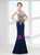 Navy Blue Mermaid Halter Appliques Beading Prom Dress