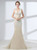 Champagne Mermaid Tulle V-neck Backless Beading Crystal Prom Dress