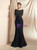 Navy Blue Mermaid Short Sleeve Beading Prom Dress