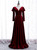 Burgundy Velvet Long Sleeve V-neck Button Prom Dress