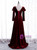 Burgundy Velvet Long Sleeve V-neck Button Prom Dress