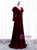 Burgundy Velvet Long Sleeve V-neck Button Prom Dress