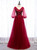 Burgundy V-neck Long Sleeve Beading Prom Dress