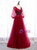 Burgundy V-neck Long Sleeve Beading Prom Dress