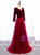 Burgundy Tulle Velvet Long Sleeve Pearls Prom Dress