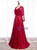 Burgundy Satin Tullr Long Sleeve Prom Dress