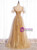 Gold Tulle Sequins Pearls Puff Sleeve Prom Dress