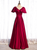 Burgundy Satin V-neck Beading Button Prom Dress
