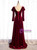 A-Line Burgundy Velvet Long Sleeve V-neck Prom Dress