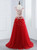 A-Line Red Tulle White Appliques Prom Dress