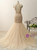 Champagne Mermaid Tulle Halter Backless Pearls Prom Dress