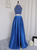 Royal Blue Two Piece Satin Halter Pearls Prom Dress