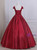 Burgundy Ball Gown V-neck Cap Sleeve Appliques Prom Dress