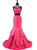 Hot Pink Mermaid Satin Two Piece Beading Prom Dress